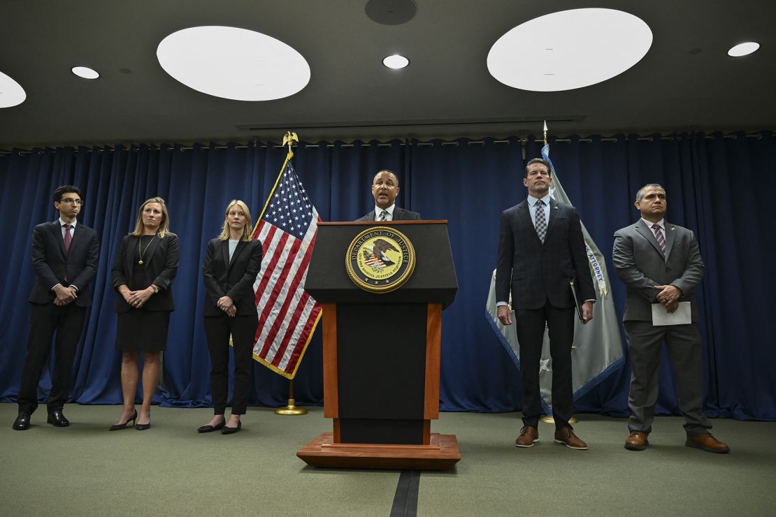United States Attorney for the Eastern District of New York Breon Peace speaks during a press conference held by the Department of Justice announcing indictment charges on sex trafficking and interstate prostitution against Abercrombie & Fitch CEO Michael Jeffries, along with Matthew Smith and James Jacobson at the US Attorney's office in New York on October 22, 2024.