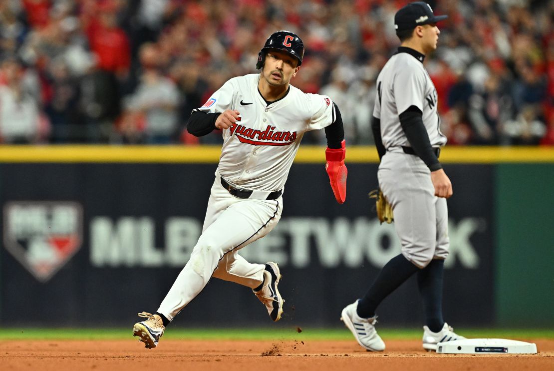 CLEVELAND, OHIO – OCTOBER 18: Steven Kwan #38 of the Cleveland Guardians rounds second base after a double by Kyle Manzardo #9 in the first inning against the New York Yankees during Game 4 of the American League Championship Series at Progressive Field on November 18. October , 2024 in Cleveland, Ohio. (Photo by Jason Miller/Getty Images)