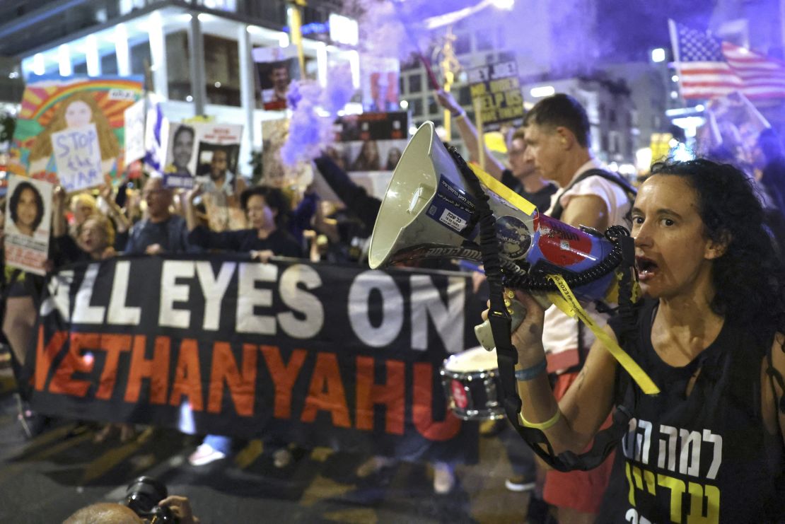 Relatives and supporters hostages held in Gaza gather in Tel Aviv on October 22, 2024.