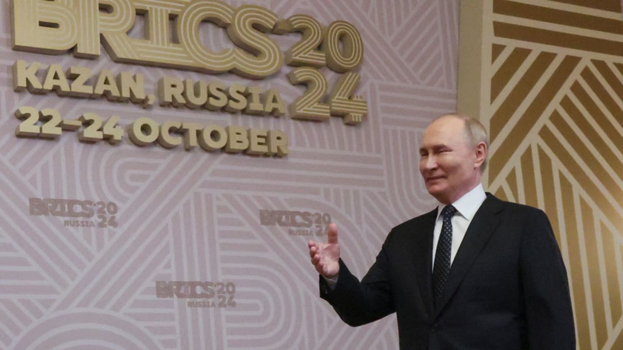 Russian President Vladimir Putin attends a welcoming ceremony for participants of the BRICS summit in Kazan on October 22, 2024. (Photo by MAXIM SHIPENKOV / POOL / AFP) (Photo by MAXIM SHIPENKOV/POOL/AFP via Getty Images)