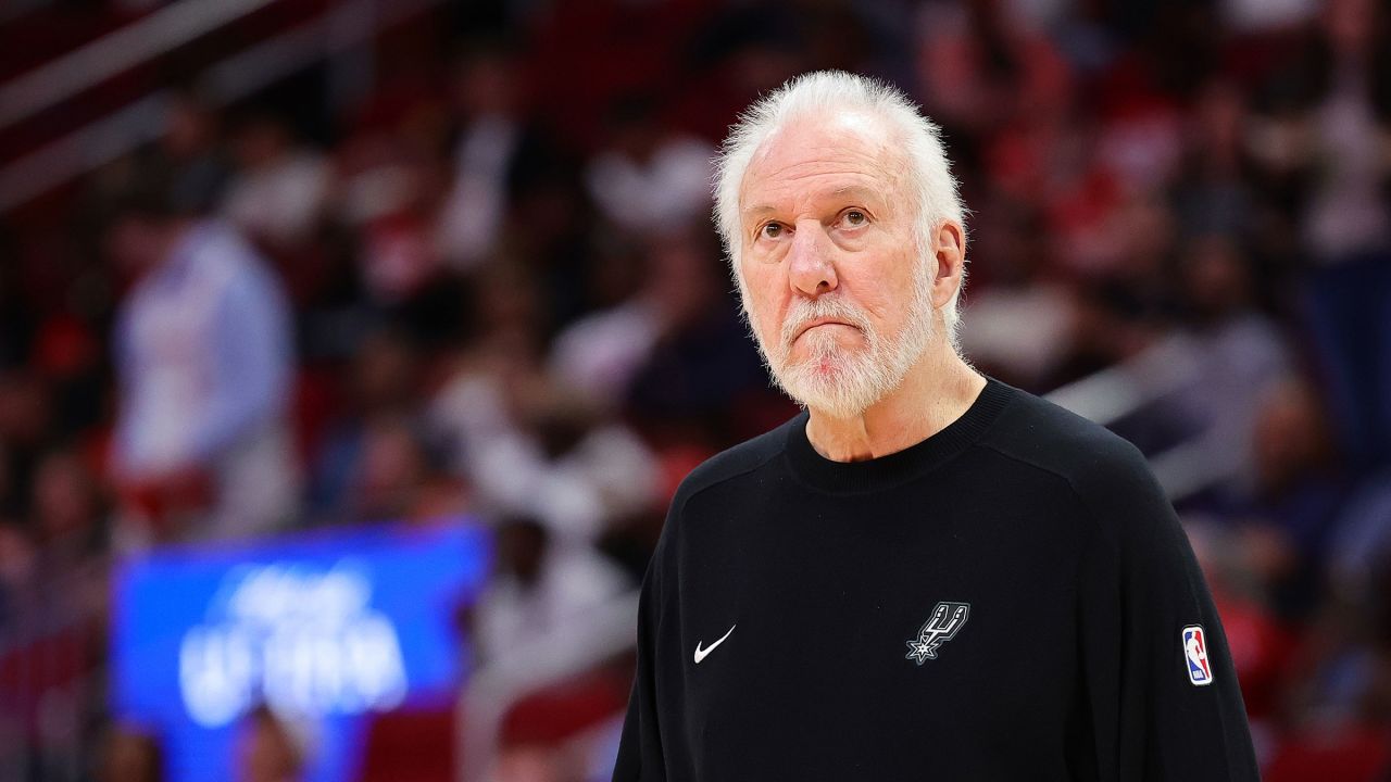 San Antonio Spurs head coach Gregg Popovich during a preseason game against the Houston Rockets in Houston, Texas, on October 17, 2024.