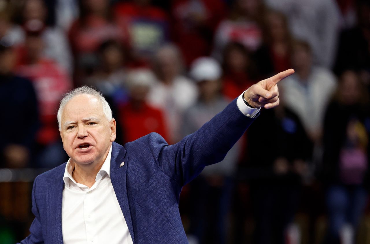 Minnesota Governor and Democratic vice presidential candidate Tim Walz speaks at a campaign rally in support of Kamala Harris in Madison, Wisconsin, on October 22.