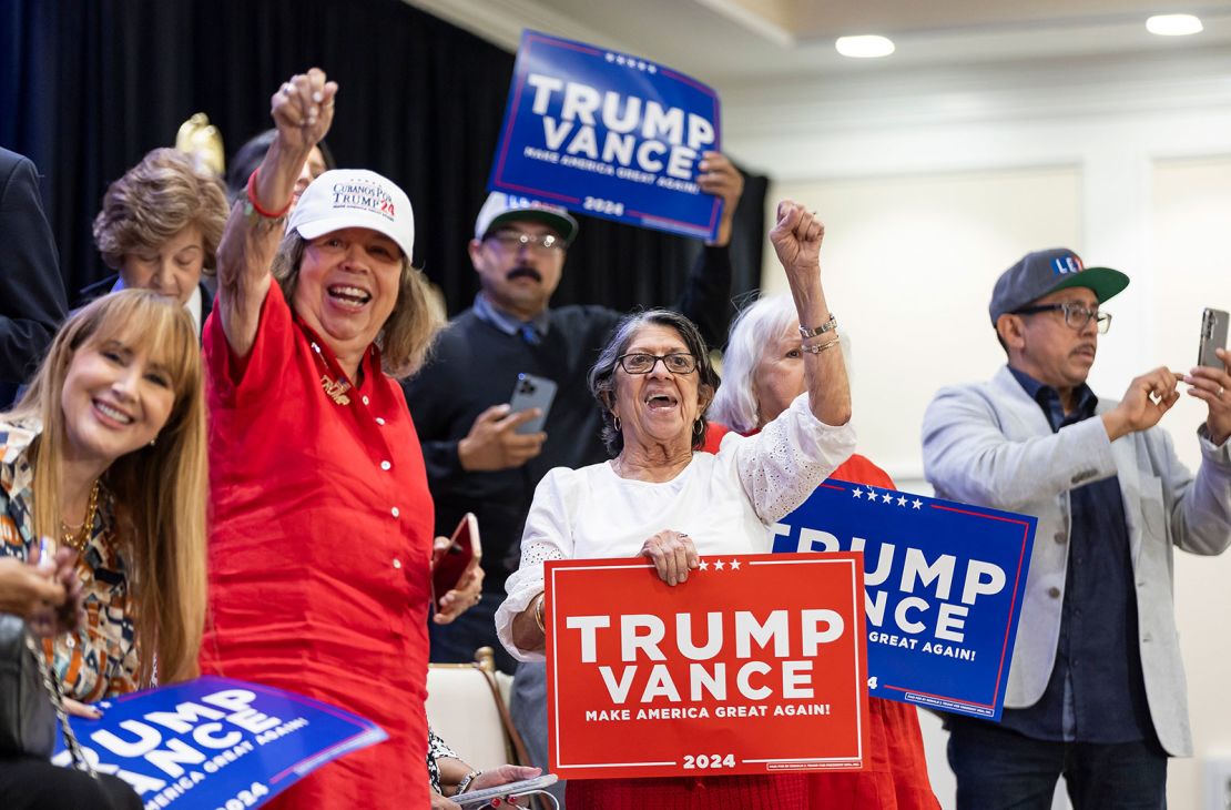 Supporters cheer before Trump speaks during a roundtable discussion with local Latino leaders at Trump National Doral Miami on Tuesday, October 22, 2024, in Doral, Florida.