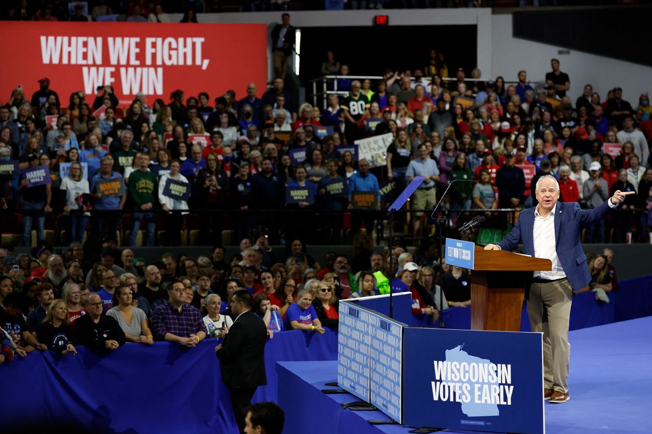 Democratic vice presidential candidate Gov. Tim Walz speaks at a campaign rally in support of Kamala Harris in Madison, Wisconsin, on October 22.