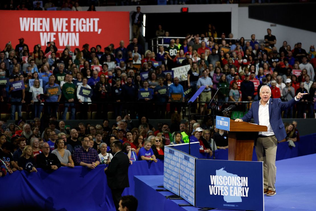 Minnesota Governor Tim Walz speaks at a rally in Madison, Wisconsin on October 22, 2024.