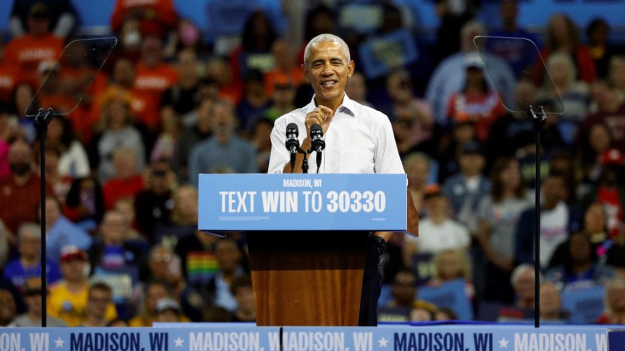 Former US President Barack Obama speaks at a campaign rally with Minnesota Governor and Democratic vice presidential candidate Tim Walz in support of Vice President and Democratic presidential candidate Kamala Harris at Alliant Center in Madison, Wisconsin, on October 22, 2024. (Photo by KAMIL KRZACZYNSKI / AFP) (Photo by KAMIL KRZACZYNSKI/AFP via Getty Images)