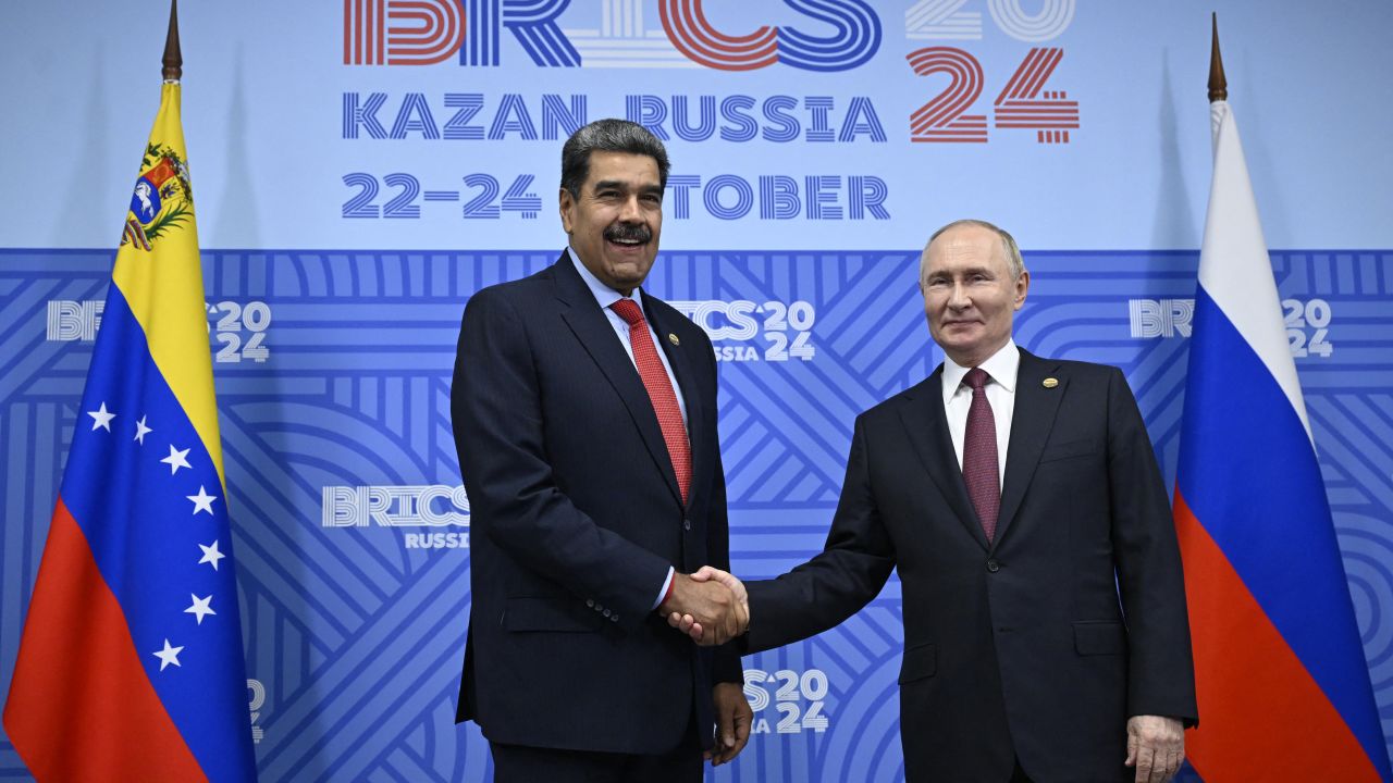 Russia's President Vladimir Putin meets with Venezuela's President Nicolas Maduro on the sidelines of the BRICS summit in Kazan on October 23, 2024. (Photo by Alexander NEMENOV / POOL / AFP) (Photo by ALEXANDER NEMENOV/POOL/AFP via Getty Images)