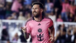 FORT LAUDERDALE, FLORIDA - OCTOBER 19: Lionel Messi #10 of Inter Miami celebrates scoring his third goal during the second half against the New England Revolution at Chase Stadium on October 19, 2024 in Fort Lauderdale, Florida. (Photo by Carmen Mandato/Getty Images)