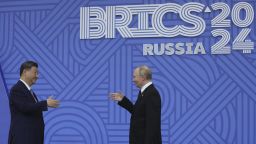 Russian President Vladimir Putin greets Chinese leader Xi Jinping during the BRICS summit in Kazan in October 2024.