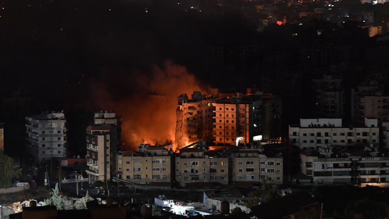 Smoke and flame rise after the Israeli army launched an airstrike on the Dahieh region in Beirut, Lebanon on October 23.