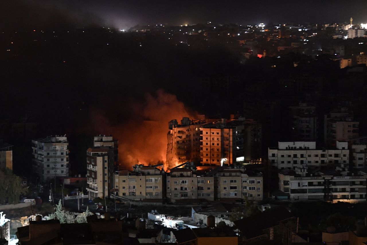 Smoke and flame rise after the Israeli army launched an airstrike on the Dahieh region in Beirut, Lebanon on October 23.