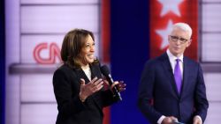 US Vice President and Democratic presidential candidate Kamala Harris speaks as she replies to a question from an attendee during a CNN Town Hall moderated by television host Anderson Cooper (R) at Sun Center studios in Aston, Pennsylvania, on October 23, 2024. (Photo by CHARLY TRIBALLEAU / AFP) (Photo by CHARLY TRIBALLEAU/AFP via Getty Images)