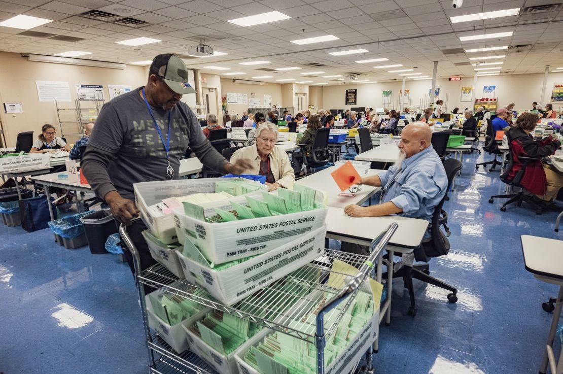 Election workers open envelopes and sort ballots at the Maricopa County Tabulation and Election Center in Phoenix on October 23, 2024.