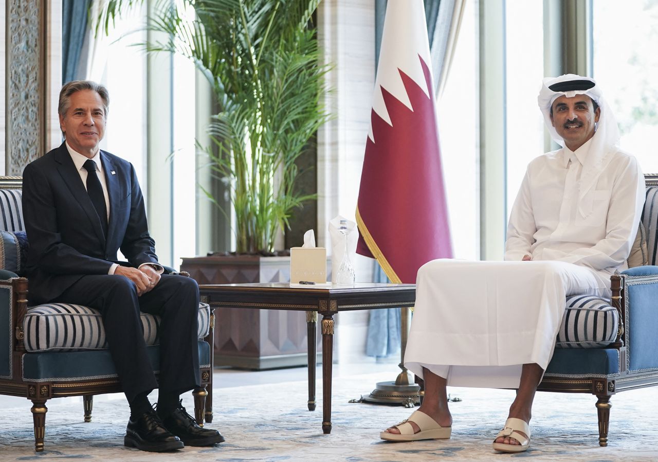 US Secretary of State Antony Blinken, left, meets with Qatar's Emir Tamim bin Hamad Al-Thani in Doha on October 24.