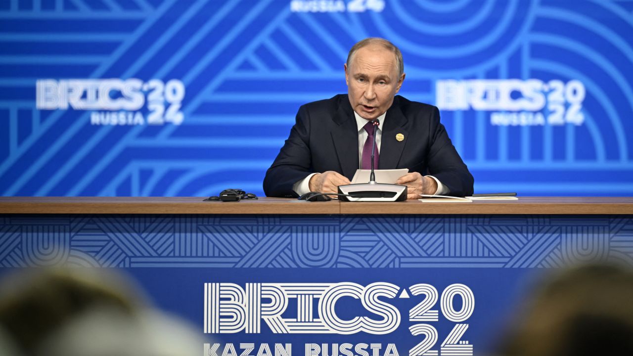 TOPSHOT - Russia's President Vladimir Putin speaks during the BRICS summit in Kazan on October 24, 2024. (Photo by Alexander NEMENOV / AFP) (Photo by ALEXANDER NEMENOV/AFP via Getty Images)