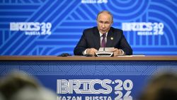 TOPSHOT - Russia's President Vladimir Putin speaks during the BRICS summit in Kazan on October 24, 2024. (Photo by Alexander NEMENOV / AFP) (Photo by ALEXANDER NEMENOV/AFP via Getty Images)