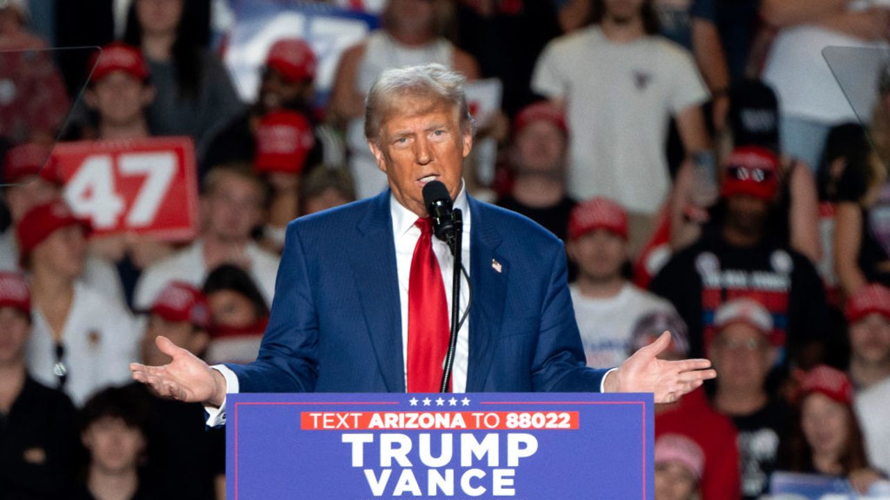 Former US President and Republican presidential candidate Donald Trump speaks during a campaign rally at Mullet Arena in Tempe, Arizona on October 24, 2024. (Photo by Rebecca NOBLE / AFP) (Photo by REBECCA NOBLE/AFP via Getty Images)