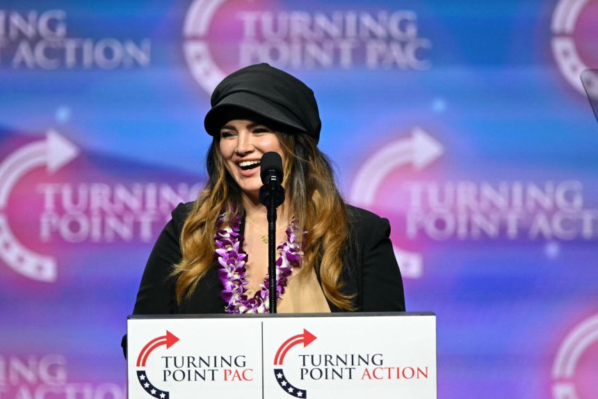 Actress and former mixed martial artist Gina Carano speaks during a Turning Point Action 'United for Change' campaign rally for former president and then-Republican presidential candidate Donald Trump at Thomas & Mack Center in Las Vegas, Nevada, on October 24, 2024.