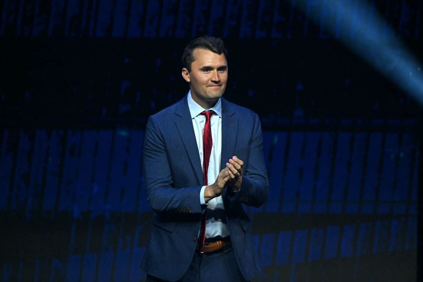 Charlie Kirk takes the stage during a Turning Point Action campaign rally in Las Vegas on October 24, 2024.
