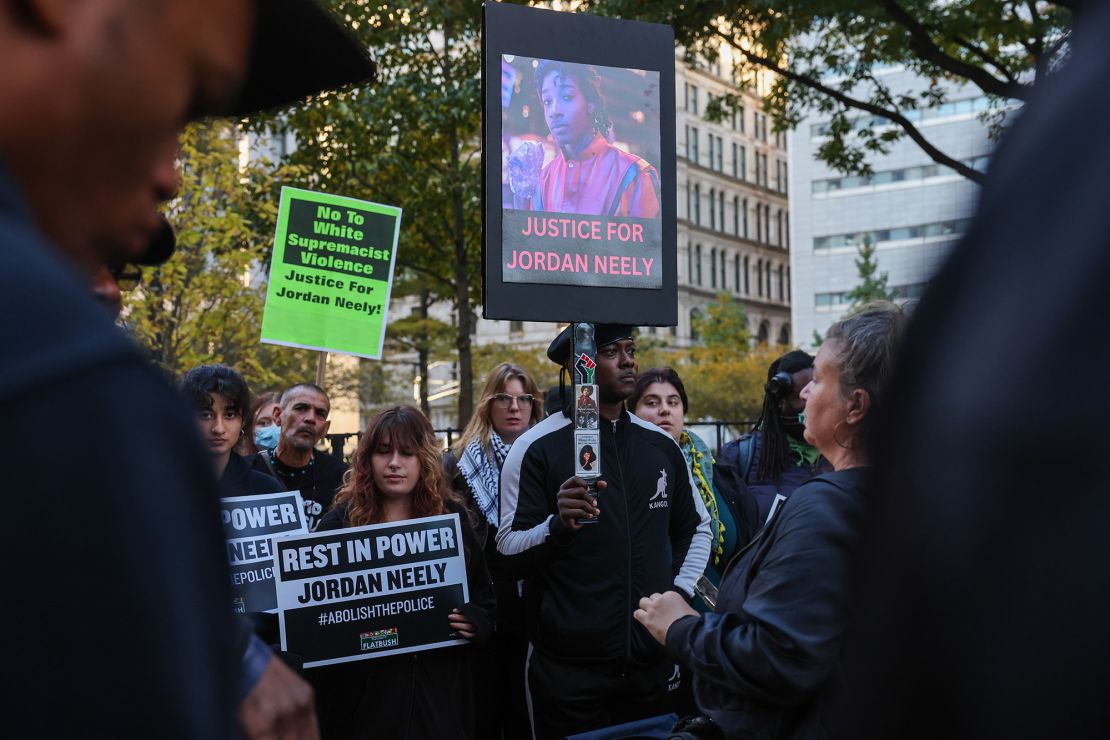 Protesters gather outside of a New York City courthouse as jury selection begins in the trial of Daniel Penny, who is charged in the death of Jordan Neely, on October 21, 2024, in New York City.