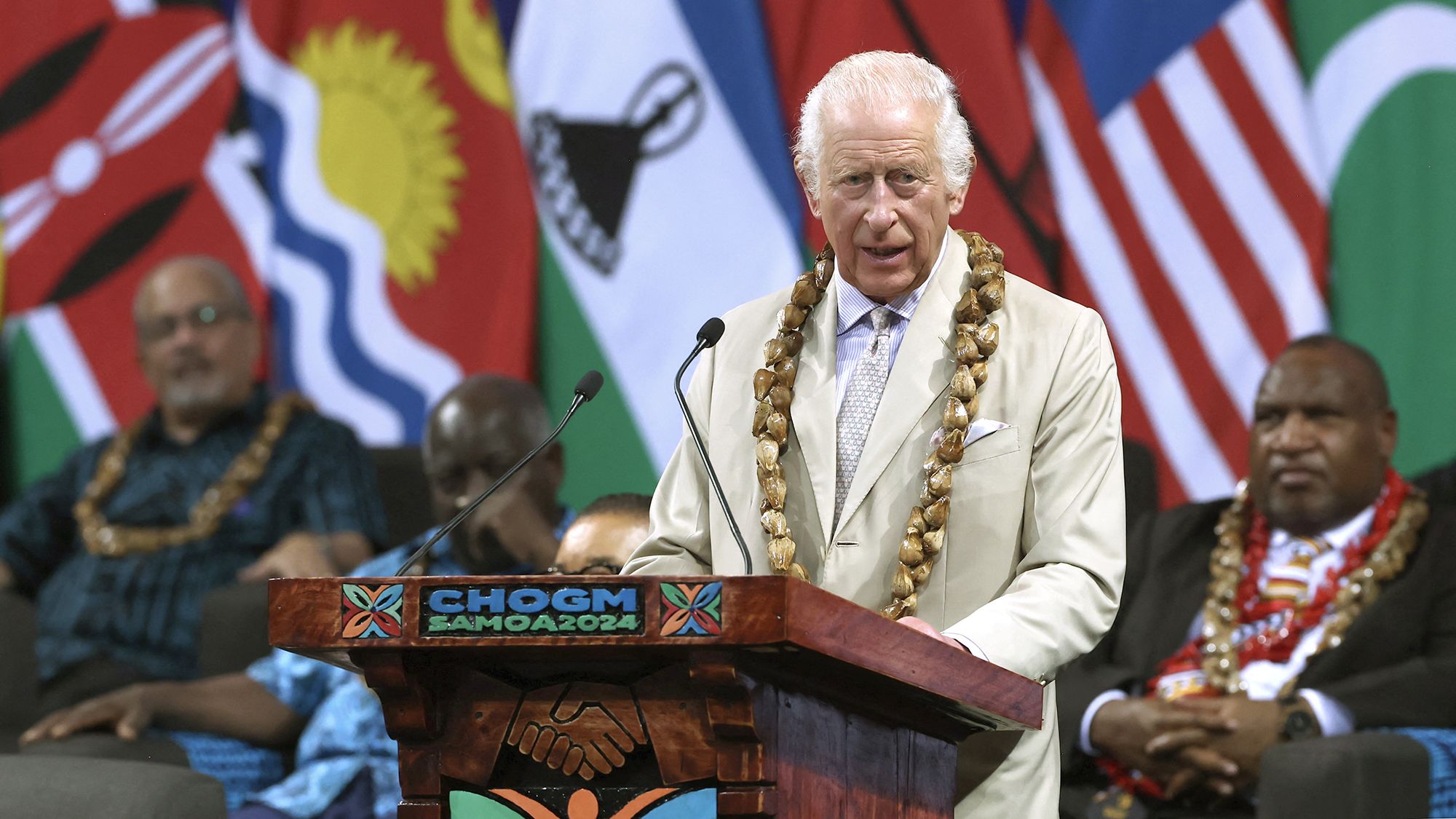 Britain's King Charles III delivers a speech during the opening ceremony for the Commonwealth Heads of Government Meeting in Apia, Samoa, on October 25.