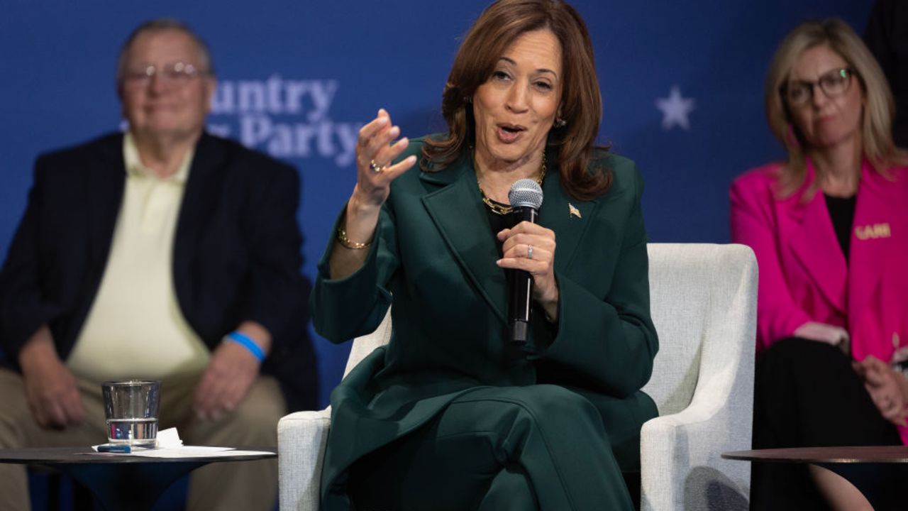 BROOKFIELD, WISCONSIN - OCTOBER 21: Democratic presidential nominee, U.S. Vice President Kamala Harris holds a campaign event with former U.S. Rep. Liz Cheney (R-WY) on October 21, 2024 in Brookfield, Wisconsin. The event was one of three Harris had scheduled today in three different swing states, Wisconsin, Michigan and Pennsylvania. (Photo by Scott Olson/Getty Images)