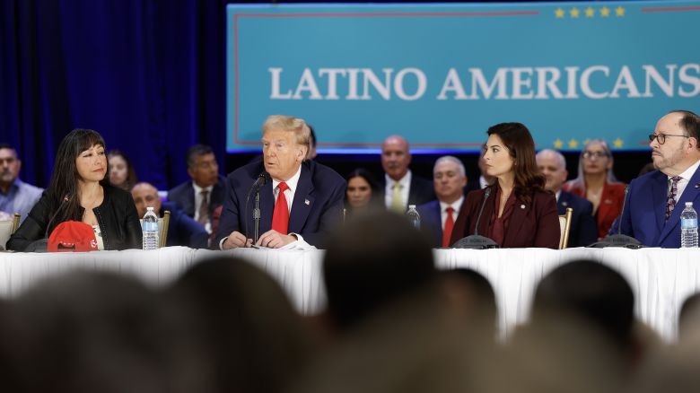 Republican presidential nominee, former U.S. President Donald Trump participates in a roundtable discussion at the Latino Summit held at Trump National Doral Golf Club on October 22, 2024 in Doral, Florida.