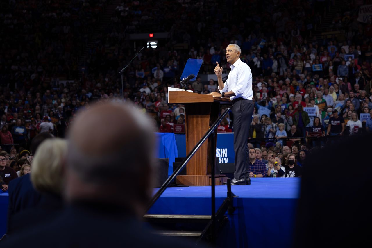 Former President Barack Obama speaks at a rally on October 22 in Madison, Wisconsin.