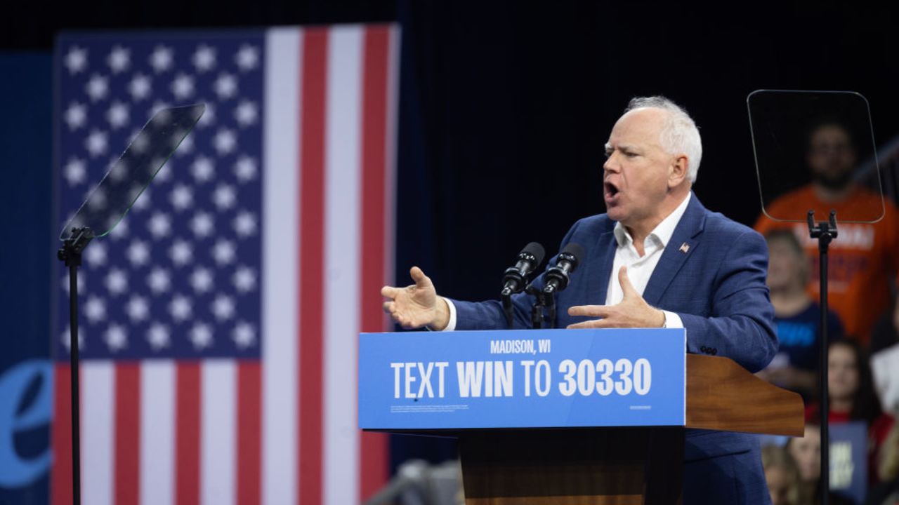 MADISON, WISCONSIN - OCTOBER 22: Democratic vice presidential nominee, Minnesota Gov. Tim Walz speaks at a get-out-the-vote rally on October 22, 2024 in Madison, Wisconsin. Wisconsin polls open today for in-person early voting.  (Photo by Scott Olson/Getty Images)