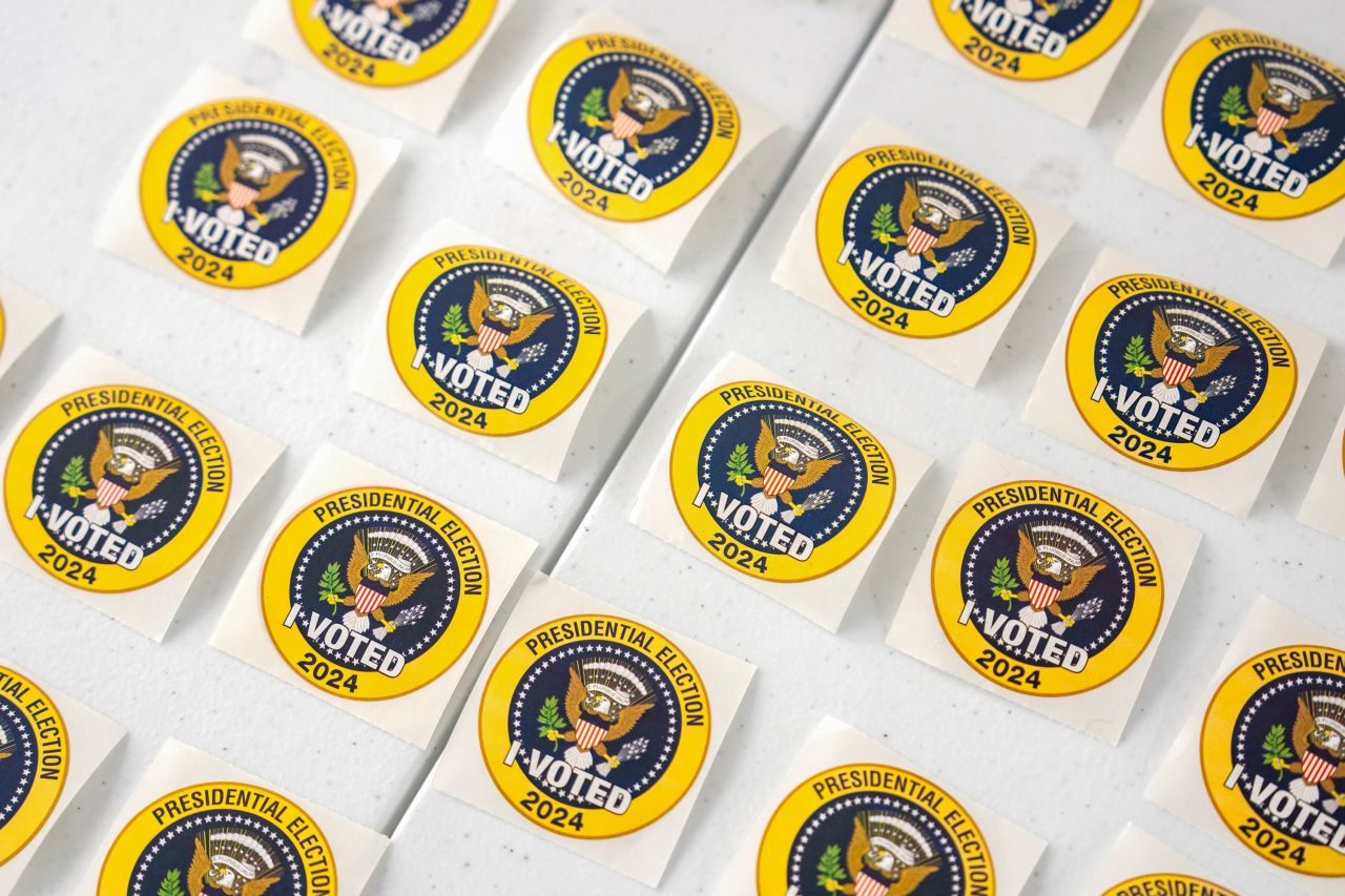 "I Voted" stickers displayed during early voting at a polling location at the Ellen M. Bozeman Government Center in Arlington, Virginia, on October 26.