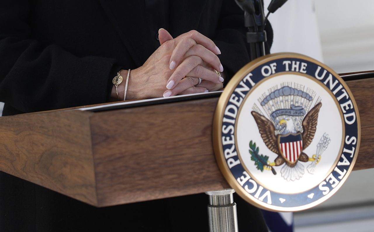 Democratic presidential nominee and US Vice President Kamala Harris' hands are seen as she delivers remarks before departing Washington, DC, on October 23.