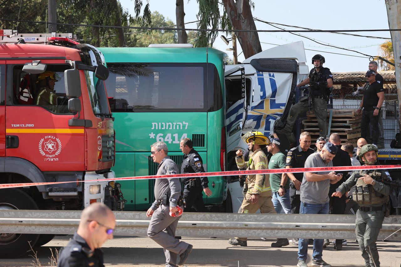 Israeli police secure the site of a ramming attack in Ramat Hasharon, north of Tel Aviv on October 27, 2024.