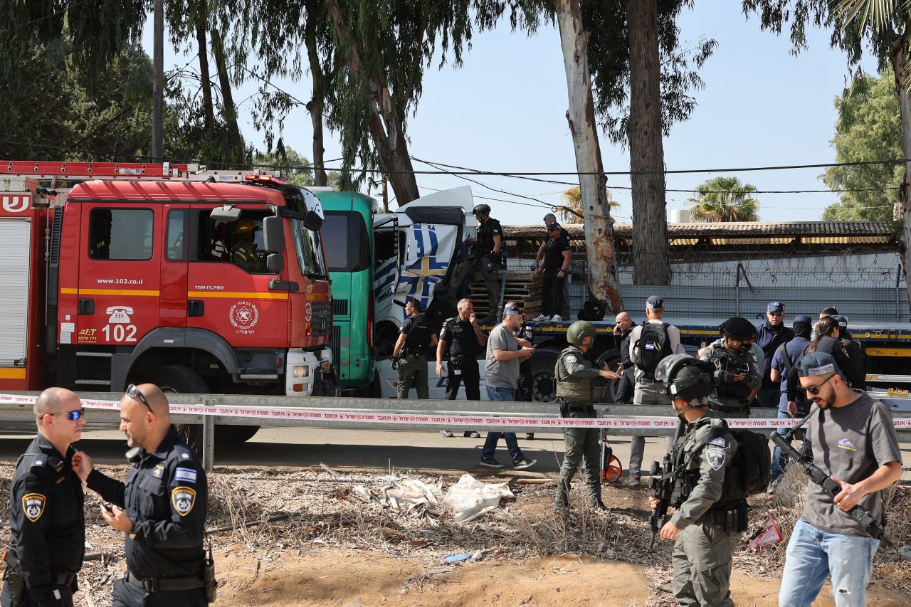 Israeli police inspect the site of a truck ramming attack near Tel Aviv, Israel on October 27.