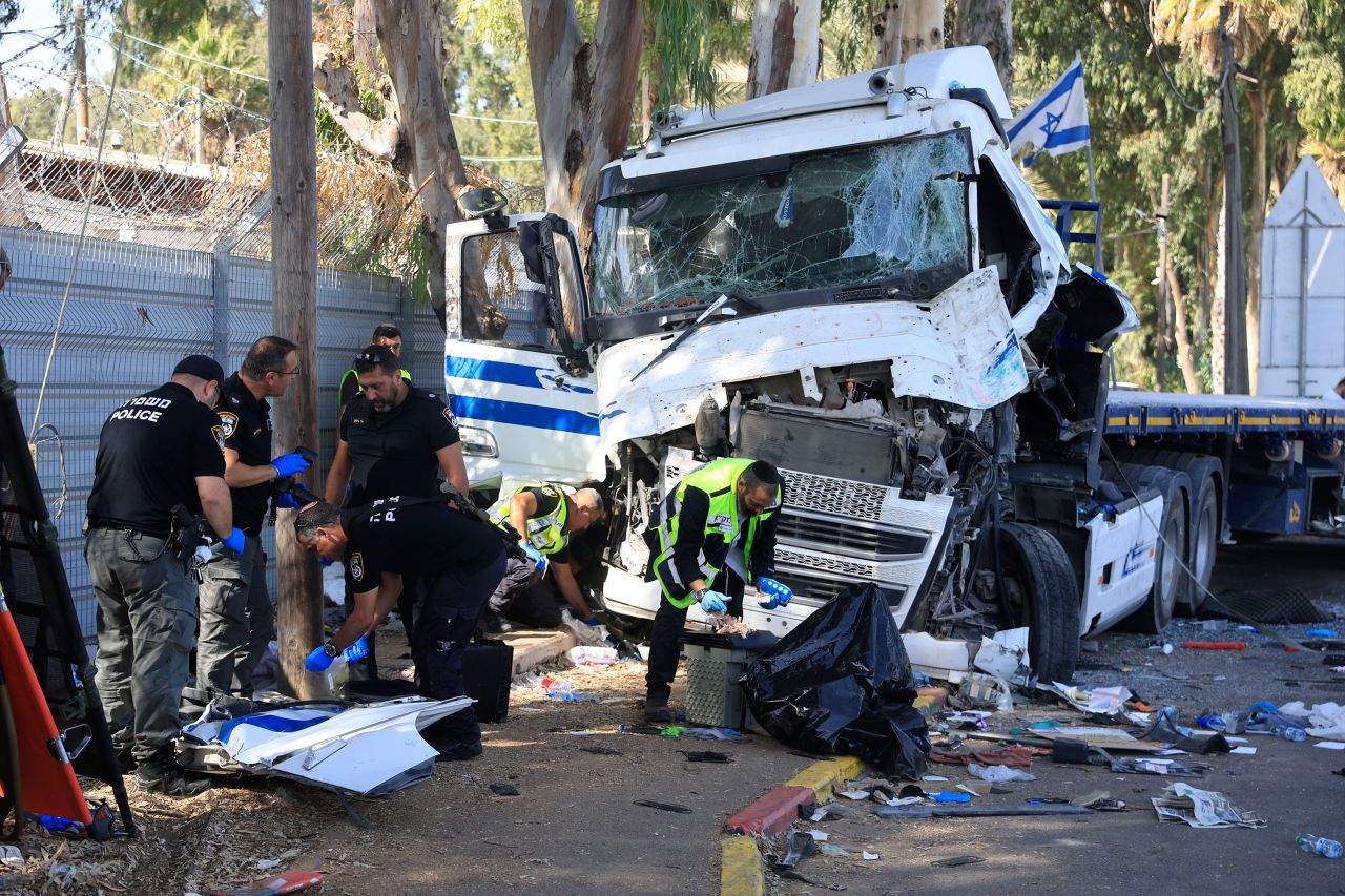 Authorities inspect the scene of a truck ramming attack near Tel Aviv, Israel on October 27.