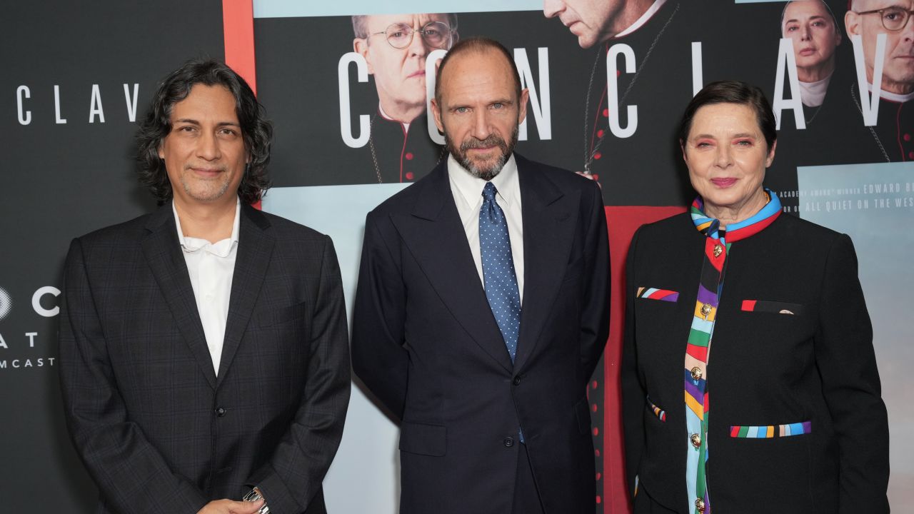 NEW YORK, NEW YORK - OCTOBER 23: Carlos Diehz, Ralph Fiennes and Isabella Rossellini attend the "Conclave" New York premiere on October 23, 2024 in New York City. (Photo by John Nacion/Getty Images)