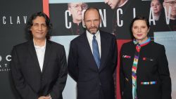 NEW YORK, NEW YORK - OCTOBER 23: Carlos Diehz, Ralph Fiennes and Isabella Rossellini attend the "Conclave" New York premiere on October 23, 2024 in New York City. (Photo by John Nacion/Getty Images)