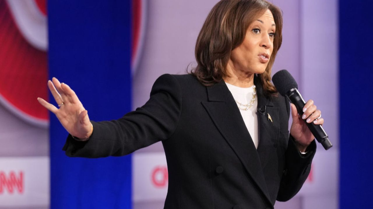 ASTON, PENNSYLVANIA - OCTOBER 23: Democratic presidential candidate, U.S. Vice President Kamala Harris speaks during a CNN Presidential Town Hall at Sun Center Studios on October 23, 2024 in Aston, Pennsylvania. With less than two weeks to Election Day, Harris spent the day in Philadelphia, Pennsylvania and made a visit to Famous 4th Street Delicatessen to greet ers. (Photo by Andrew Harnik/Getty Images)