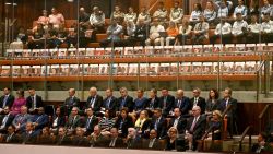 Posters with portraits of Israelis held hostage in Gaza since the October 2023 attacks by Palestinian militants, are set in empty chairs during the opening of the 25th Parliament session in Jerusalem on October 28, 2024. (Photo by DEBBIE HILL / POOL / AFP) (Photo by DEBBIE HILL/POOL/AFP via Getty Images)