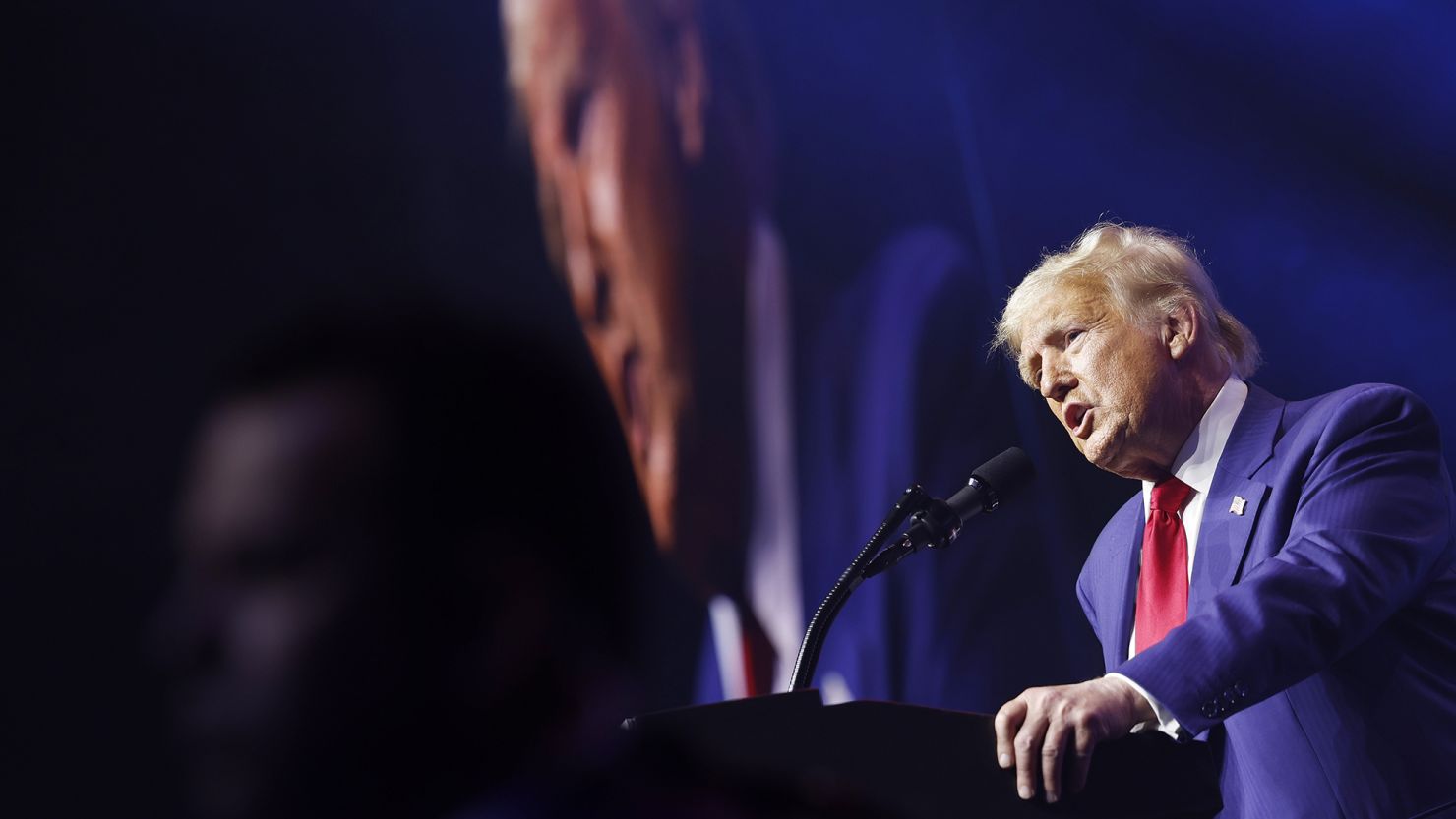 Republican presidential nominee, former U.S. President Donald Trump speaks at a Turning Point Action campaign rally at the Thomas & Mack Center on October 24, 2024 in Las Vegas, Nevada.