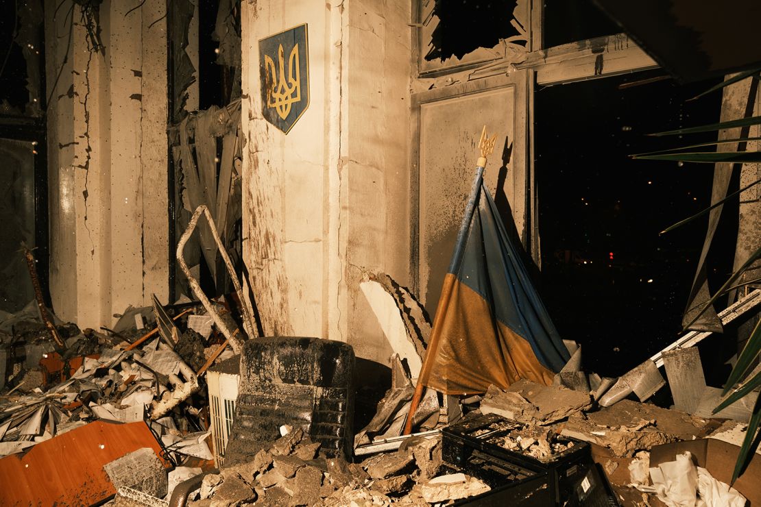 A view of the destruction of the historic Derzhprom building (The State Industry Building) in Kharkiv, Ukraine on October 28, 2024.