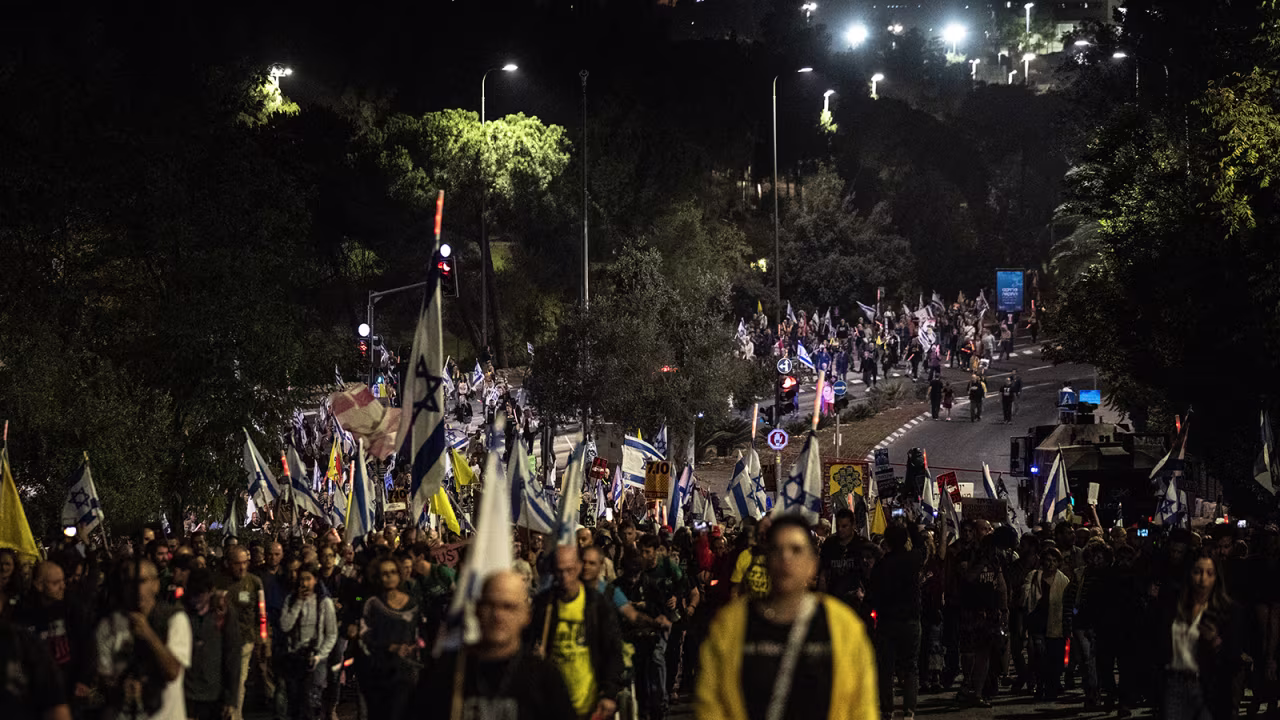 Hundreds of Israelis gather to protest against the government for not reaching a ceasefire agreement in Gaza and to demand a hostage swap deal with Palestinians in Jerusalem on October 28.