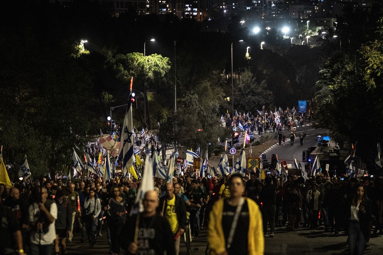 Hundreds of Israelis gather to protest against the government for not reaching a ceasefire agreement in Gaza and to demand a hostage swap deal with Palestinians in Jerusalem on October 28.