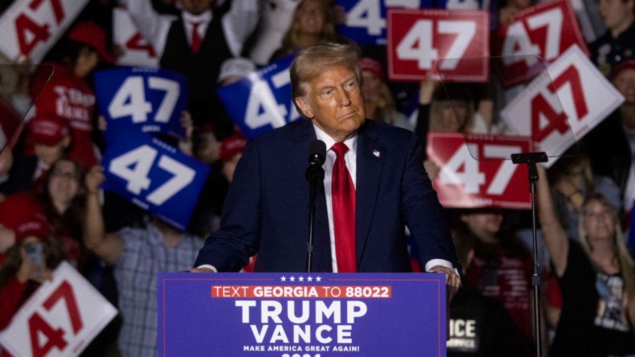 Former US President and Republican presidential candidate Donald Trump speaks during a campaign rally at the McCamish Pavilion in Atlanta, Georgia, October 28, 2024. (Photo by CHRISTIAN MONTERROSA / AFP) (Photo by CHRISTIAN MONTERROSA/AFP via Getty Images)