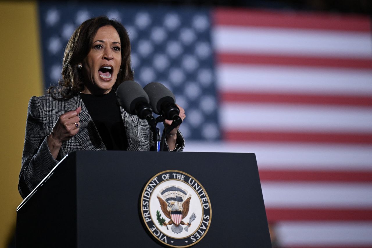 Vice President presidential candidate Kamala Harris speaks during a campaign rally in Ann Arbor, Michigan, on Monday.