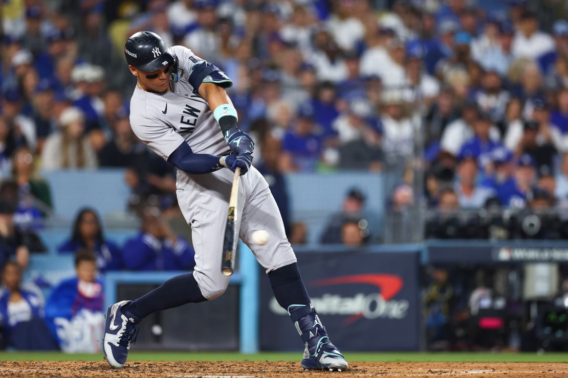 Aaron Judge of the New York Yankees hits a single in the seventh inning.