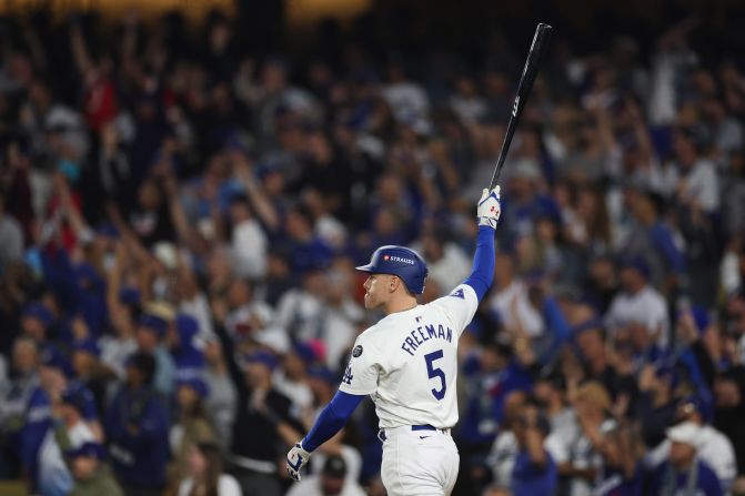 Freddie Freeman of the Los Angeles Dodgers celebrates after hitting a walk-off grand slam in the tenth inning of Game 1 of the 2024 World Series against the New York Yankees at Dodger Stadium in Los Angeles on Friday, October 25. The grand slam gave the Dodgers the 6-3 Game 1 win.