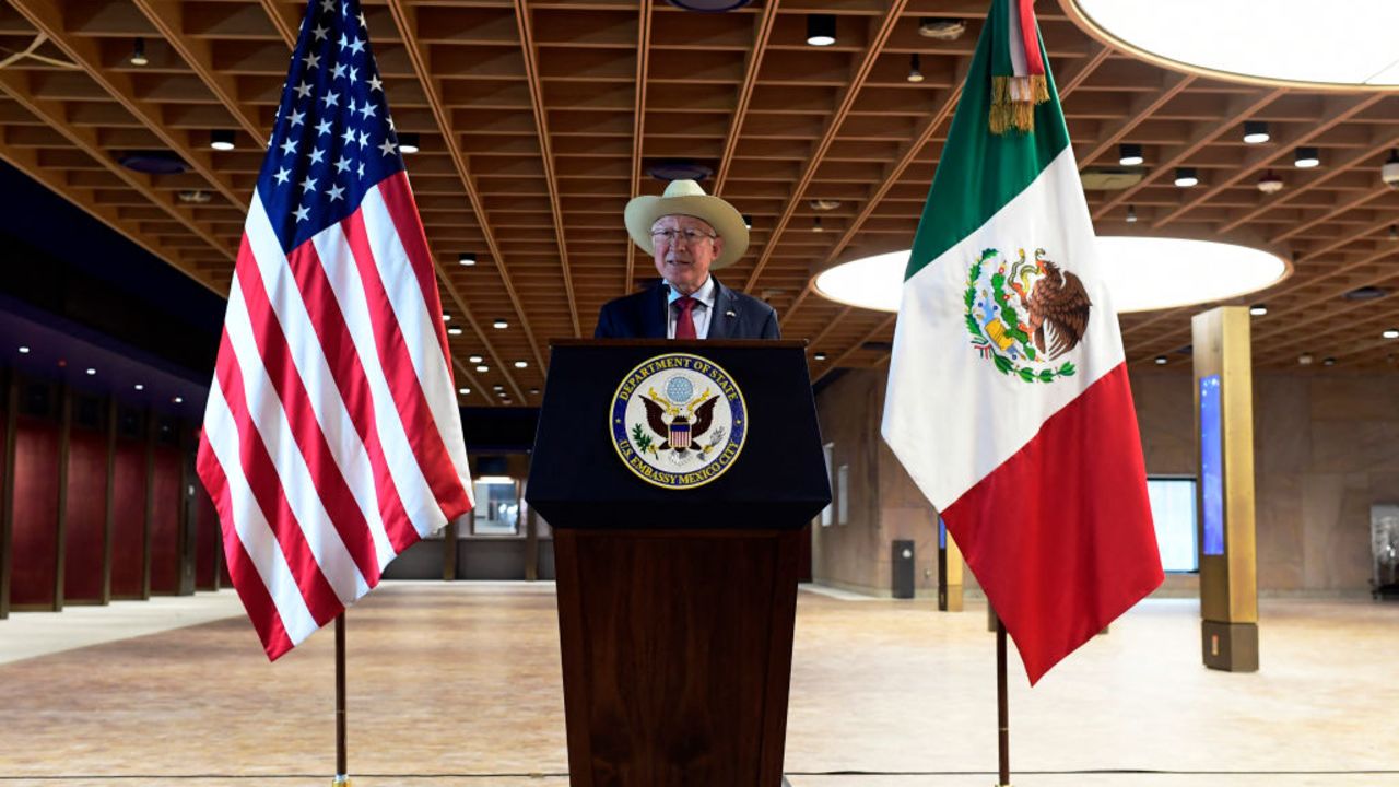 US ambassador to Mexico Ken Salazar speaks during a press conference on bilateral relations at the new US embassy in Mexico City on October 29, 2024. (Photo by STRINGER / AFP) (Photo by STRINGER/AFP via Getty Images)