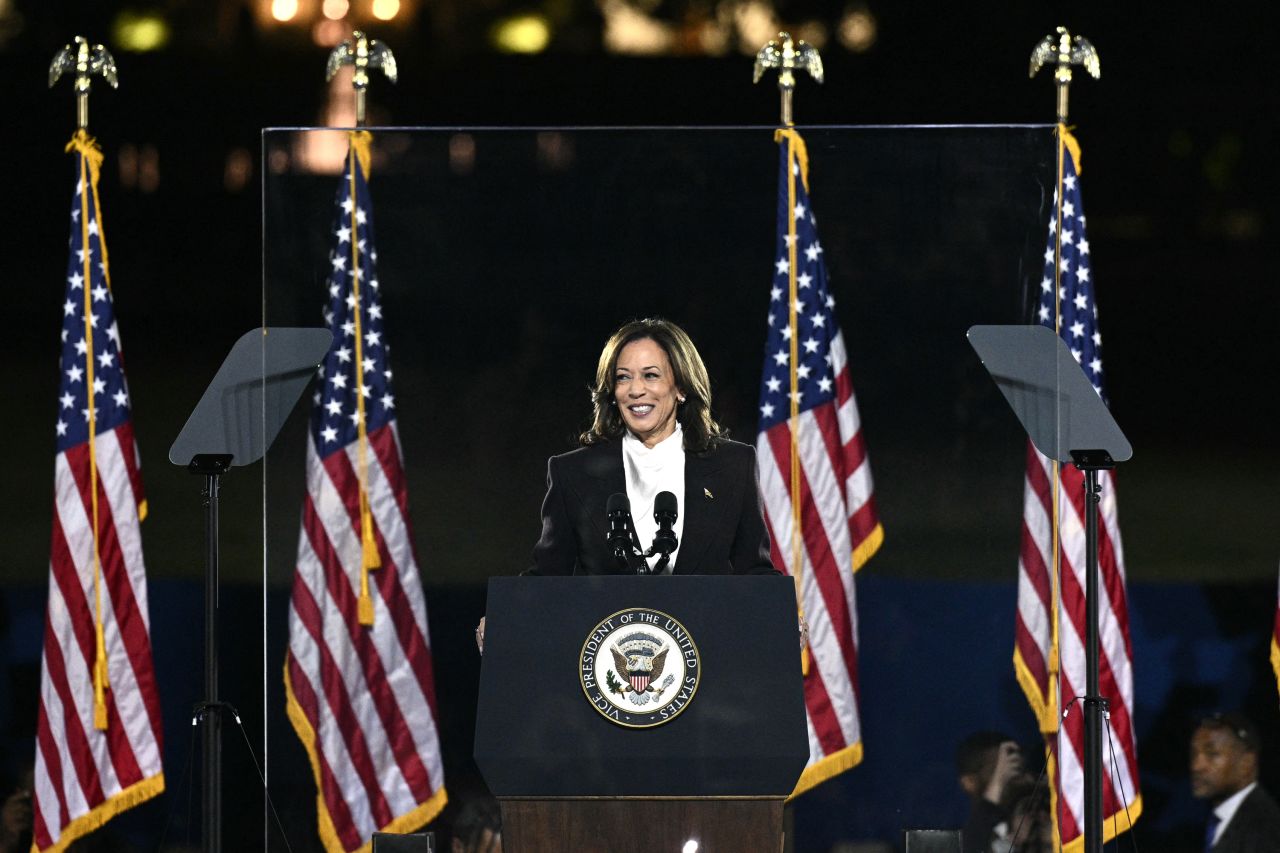 US Vice President and Democratic presidential candidate Kamala Harris speaks on The Ellipse just south of the White House in Washington, DC, on October 29.