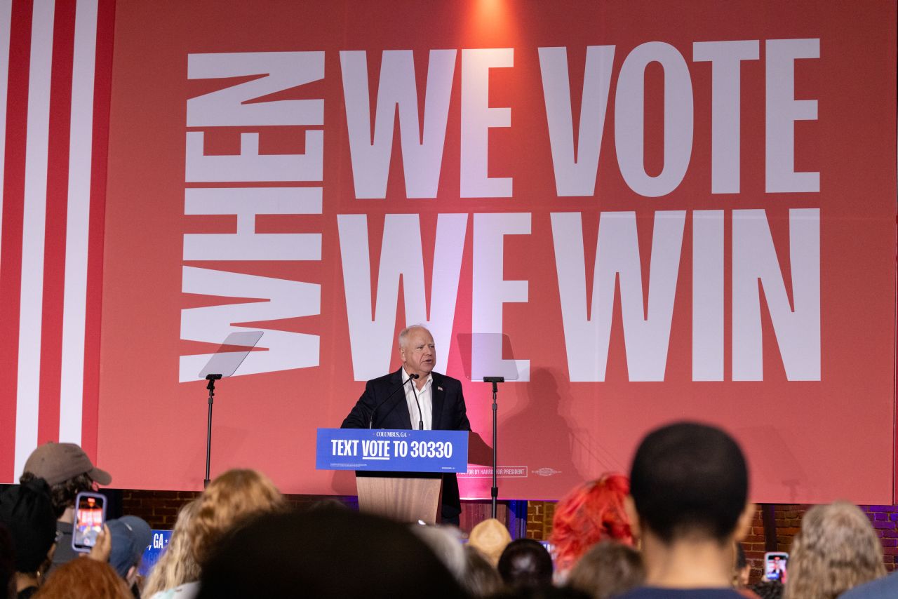 Governor Tim Walz speaks at a rally campaign in Columbus, Georgia on October 29.