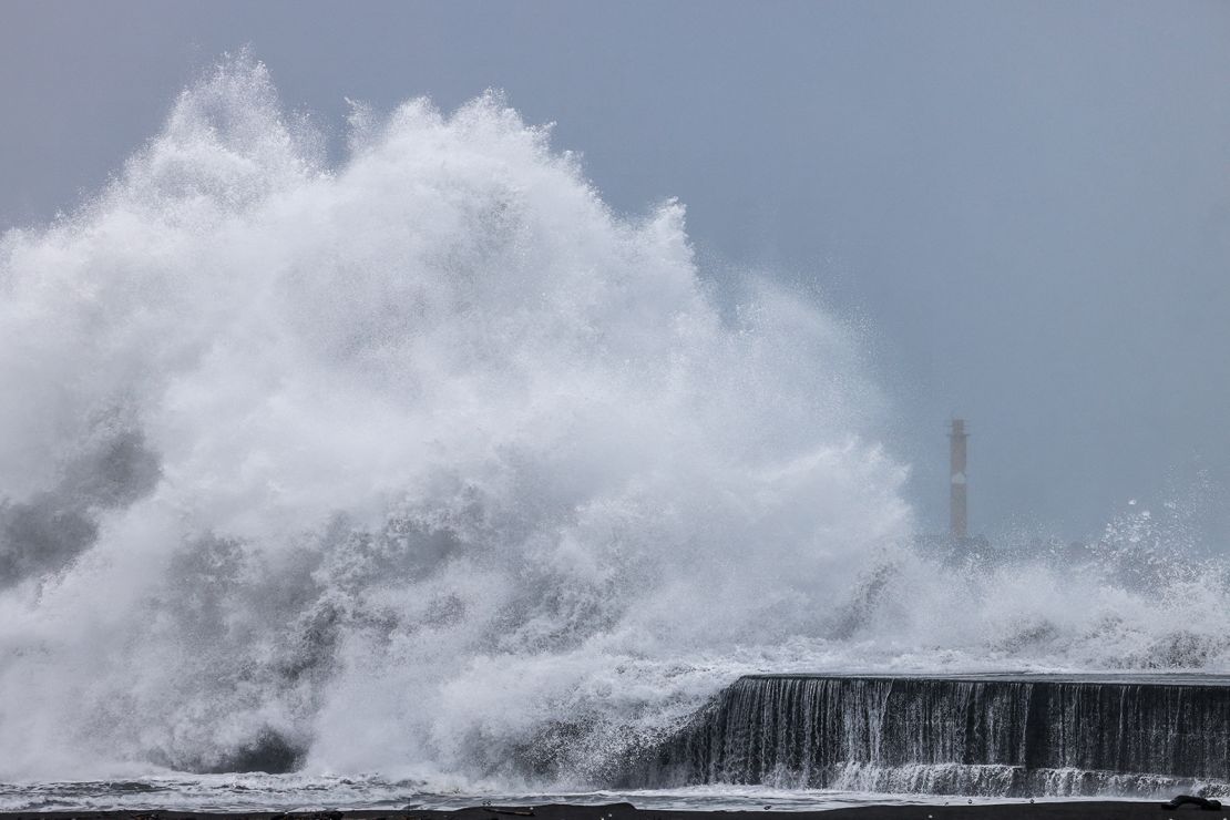 Strong waves break along the coast in Yilan County as Typhoon Kong-rey approaches Taiwan on October 30, 2024.